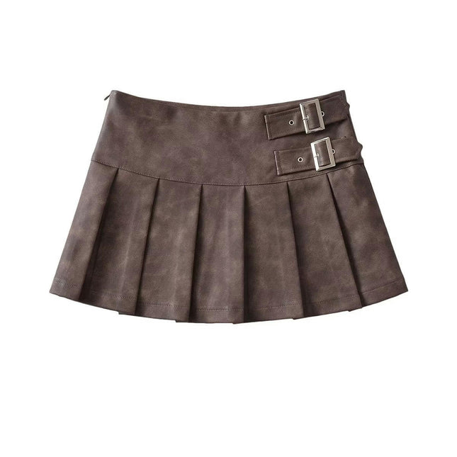 Faux Leather Mini Skirt for Women High Waist Pleated A Line Short Skirts