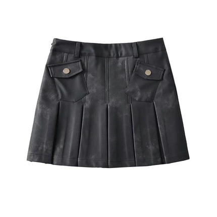 Women's Faux Leather Pleated Short Skirt Flared High Waist Mini Skater Skirts