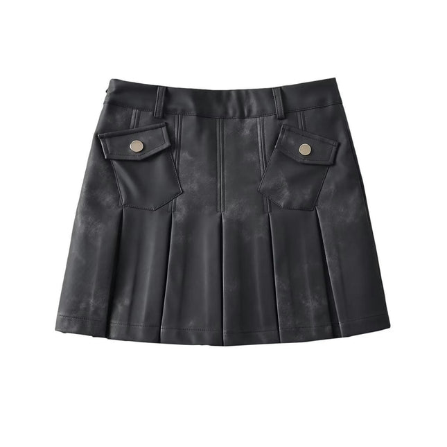 Women's Faux Leather Pleated Short Skirt Flared High Waist Mini Skater Skirts