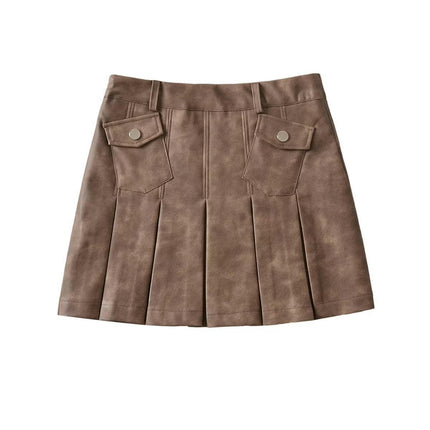 Women's Faux Leather Pleated Short Skirt Flared High Waist Mini Skater Skirts