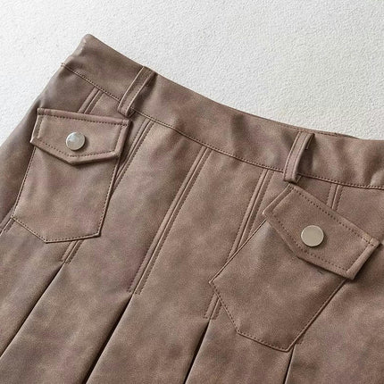 Women's Faux Leather Pleated Short Skirt Flared High Waist Mini Skater Skirts