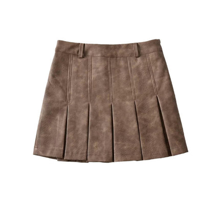 Women's Faux Leather Pleated Short Skirt Flared High Waist Mini Skater Skirts