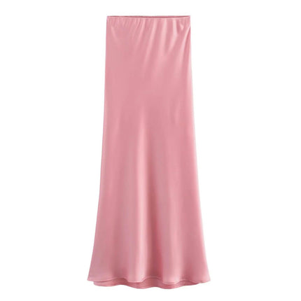 Women's Summer Candy Color College Style Satin High Waist Maxi Half Body Skirt
