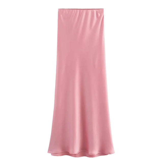Women's Summer Candy Color College Style Satin High Waist Maxi Half Body Skirt