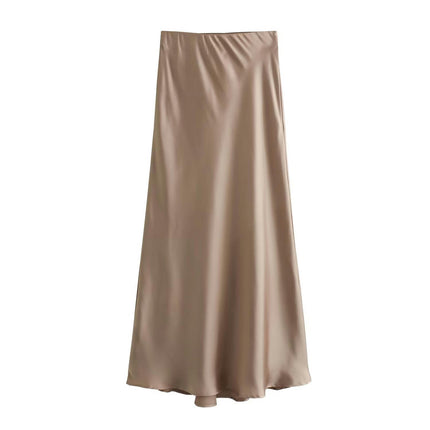 Women's Summer Candy Color College Style Satin High Waist Maxi Half Body Skirt
