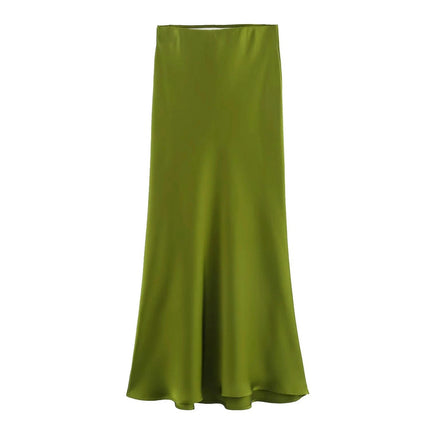 Women's Summer Candy Color College Style Satin High Waist Maxi Half Body Skirt