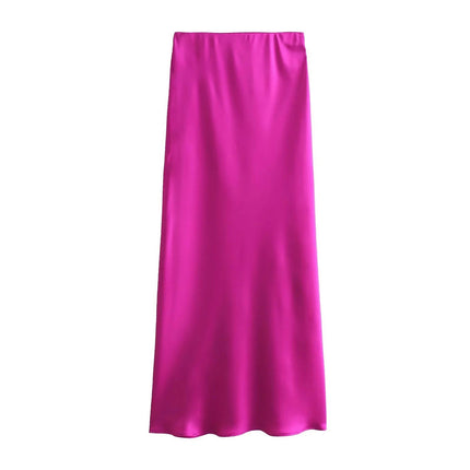 Women's Summer Candy Color College Style Satin High Waist Maxi Half Body Skirt