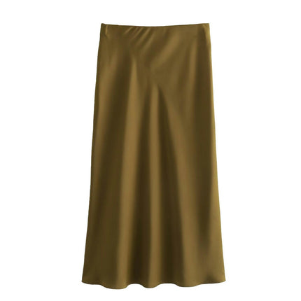 Women's Summer Candy Color College Style Satin High Waist Maxi Half Body Skirt
