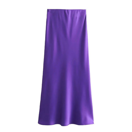 Women's Summer Candy Color College Style Satin High Waist Maxi Half Body Skirt