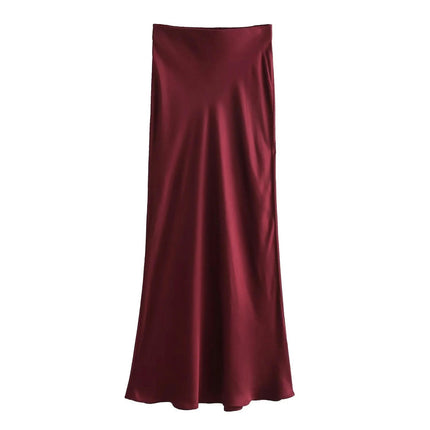 Women's Summer Candy Color College Style Satin High Waist Maxi Half Body Skirt