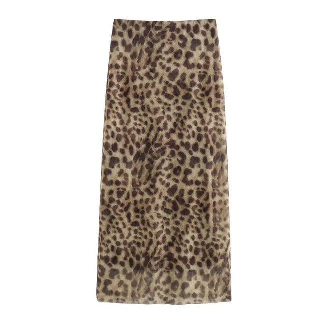 Women's Leopard Print A-Line High Waisted Sexy Mesh Bodycon Long Skirt