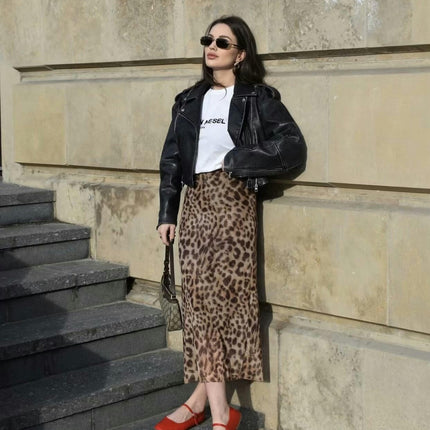 Women's Leopard Print A-Line High Waisted Sexy Mesh Bodycon Long Skirt