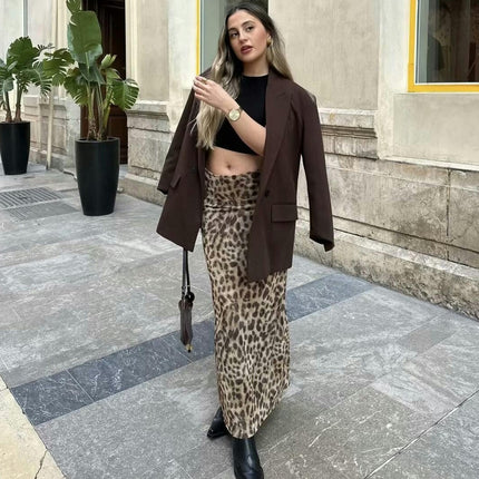 Women's Leopard Print A-Line High Waisted Sexy Mesh Bodycon Long Skirt