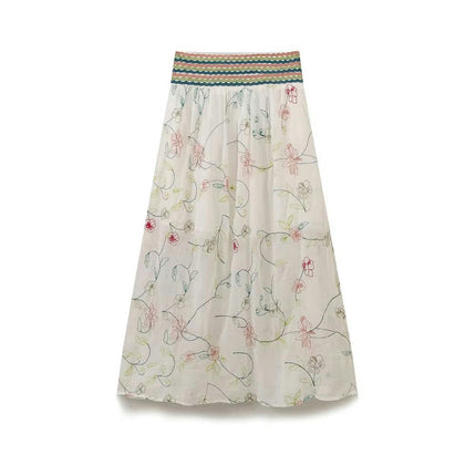 Women's Floral Embroidery Skirts Flowy High Waist A Line Long Skirts