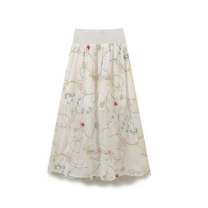 Women's Floral Embroidery Skirts Flowy High Waist A Line Long Skirts