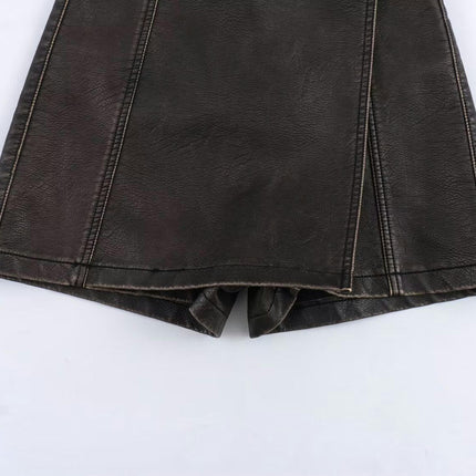 Faux Leather Skorts for Women High Waist Slit Mini Shorts Wrapped Skirt