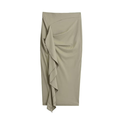 Women Elegant Ruched Ruffle High Waist Bodycon Party Pencil Midi Skirt