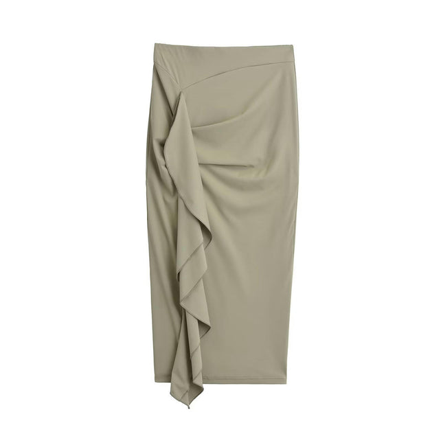 Women Elegant Ruched Ruffle High Waist Bodycon Party Pencil Midi Skirt