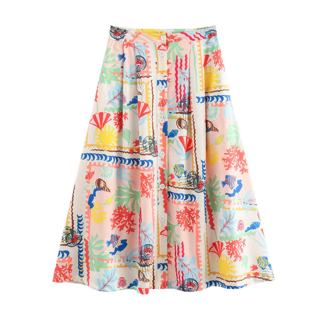 Women's Floral Print Midi Skirts High Waisted Button Front A-Line Pleated Skirts