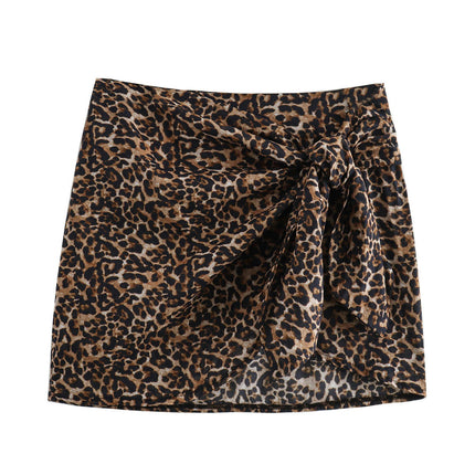 Women's Leopard Print Wrap Short Skirt High Waisted Knot Side Mini Skirts