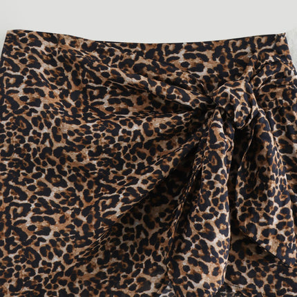 Women's Leopard Print Wrap Short Skirt High Waisted Knot Side Mini Skirts