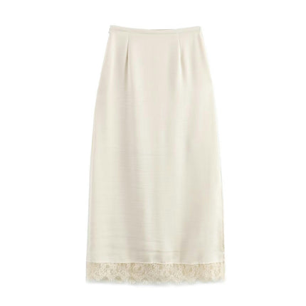 Women's Satin Lace Trim Midi Skirt Elegant High Waist A-Line Slit Skirts