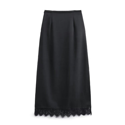 Women's Satin Lace Trim Midi Skirt Elegant High Waist A-Line Slit Skirts