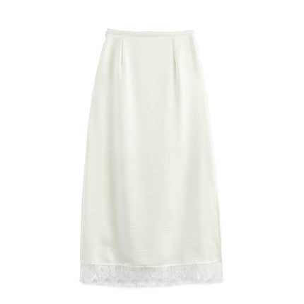 Women's Satin Lace Trim Midi Skirt Elegant High Waist A-Line Slit Skirts