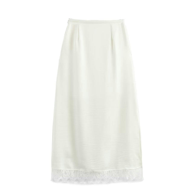 Women's Satin Lace Trim Midi Skirt Elegant High Waist A-Line Slit Skirts