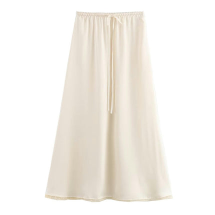 Women's Satin High Waist Hidden Elasticized Waistband Flared Casual A Line Midi Skirt
