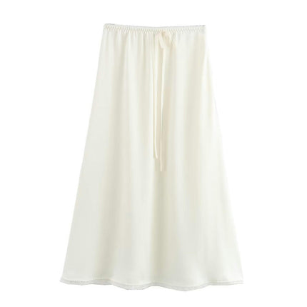 Women's Satin High Waist Hidden Elasticized Waistband Flared Casual A Line Midi Skirt