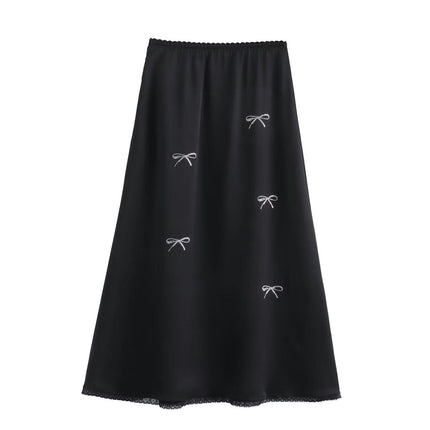 Women's Satin High Waist Hidden Elasticized Waistband Flared Casual A Line Midi Skirt