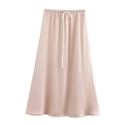 Women's Satin High Waist Hidden Elasticized Waistband Flared Casual A Line Midi Skirt
