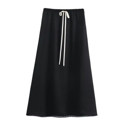 Women's Satin High Waist Hidden Elasticized Waistband Flared Casual A Line Midi Skirt