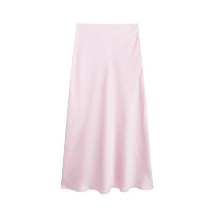 Womens Satin High Waisted Skirts A-line Elegant Flared Midi Skirt