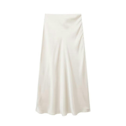 Womens Satin High Waisted Skirts A-line Elegant Flared Midi Skirt