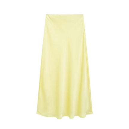 Womens Satin High Waisted Skirts A-line Elegant Flared Midi Skirt