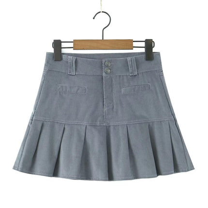 Women Corduroy Pleated Mini Skirt High Waisted Casual A-Line Short Skirts