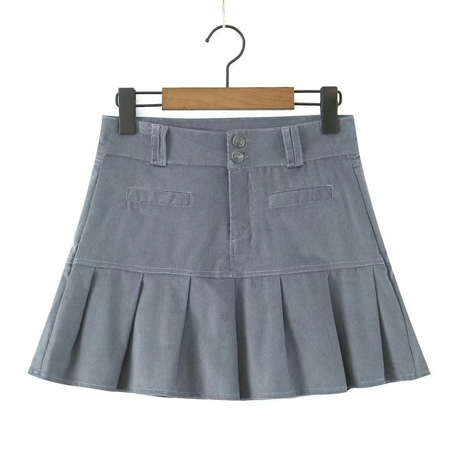 Women Corduroy Pleated Mini Skirt High Waisted Casual A-Line Short Skirts