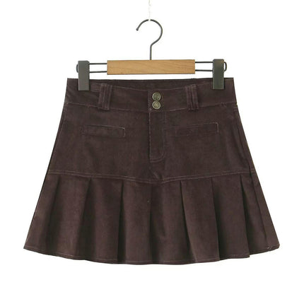 Women Corduroy Pleated Mini Skirt High Waisted Casual A-Line Short Skirts