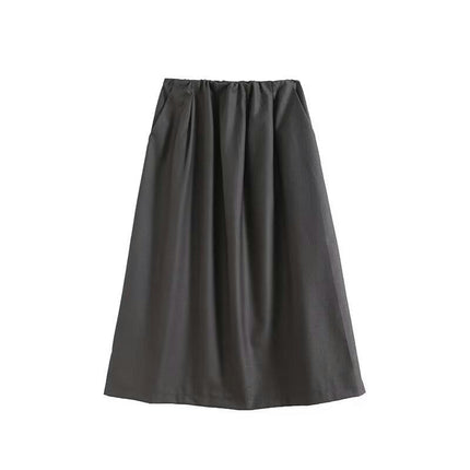 Womens Casual Elastic High Waisted A-Line Flowy Midi Skirt with Pockets