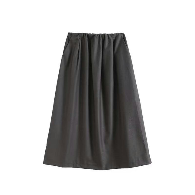 Womens Casual Elastic High Waisted A-Line Flowy Midi Skirt with Pockets