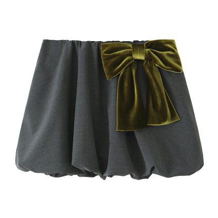 Women Ruffle Bubble Skirt Bow High Waist Pleated A Line Mini Balloon Skirt