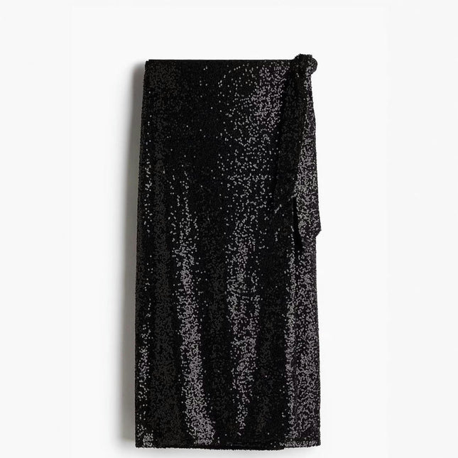 Women's Sequin Wrap Midi Skirt High Waist Elegant Sparkle Slit Pencil Skirt