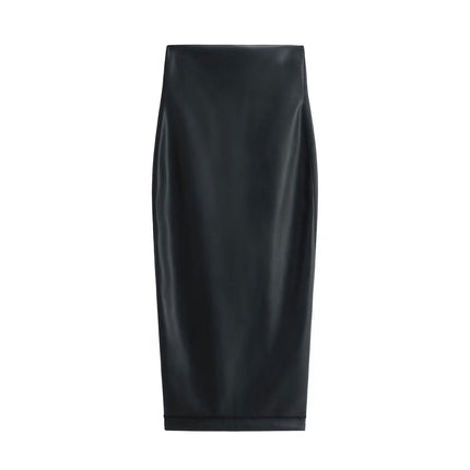 Women's Faux Leather High Waist Pencil Bodycon Long Skirt with Split