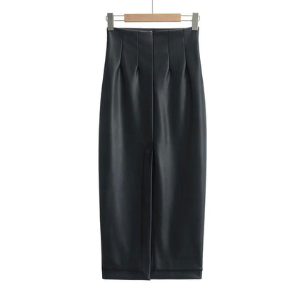 Women's Faux Leather High Waist Pencil Bodycon Long Skirt with Split