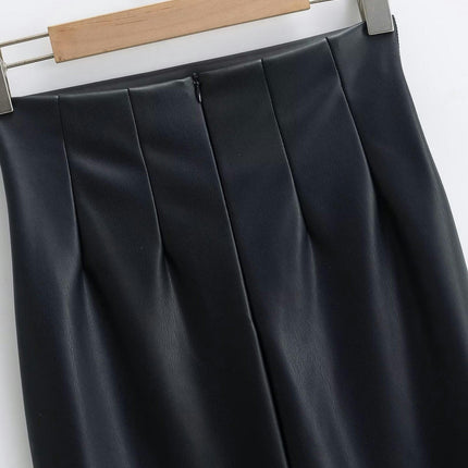Women's Faux Leather High Waist Pencil Bodycon Long Skirt with Split