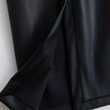 Women's Faux Leather High Waist Pencil Bodycon Long Skirt with Split