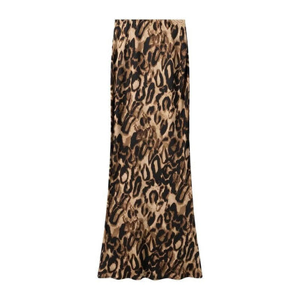 Women's Leopard Print Satin Maxi Skirt High Waisted Elastic Waistband A-Line Long Skirts
