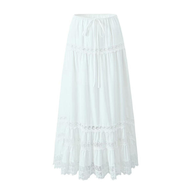 Womens High Waisted Long Skirts A Line Lace Trim Flowy Maxi Skirt